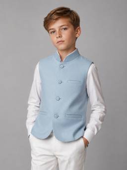 Kids Island - Blue Festive Tailored Fit Polycotton Solid Mandarin Neck Nehru Jacket