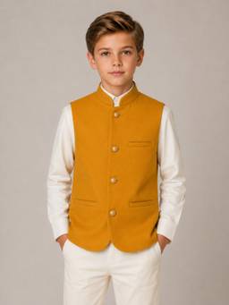 Kids Island - Mustard Festive Tailored Fit Polycotton Solid Mandarin Neck Nehru Jacket