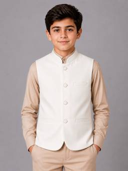Kids Island - Off White Festive Tailored Fit Polycotton Solid Mandarin Neck Nehru Jacket