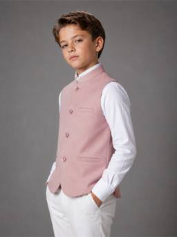 Kids Island - Mauve Festive Tailored Fit Polycotton Solid Mandarin Neck Nehru Jacket