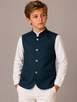 Kids Island - Green Festive Tailored Fit Polycotton Solid Mandarin Neck Nehru Jacket