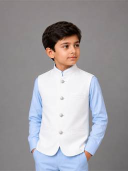 Kids Island - White Festive Tailored Fit Polycotton Solid Mandarin Neck Nehru Jacket