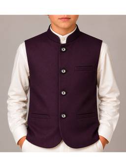 Kids Island - Wine Festive Tailored Fit Polycotton Solid Mandarin Neck Nehru Jacket