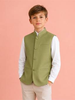 Kids Island - Green Festive Tailored Fit Polycotton Solid Mandarin Neck Nehru Jacket
