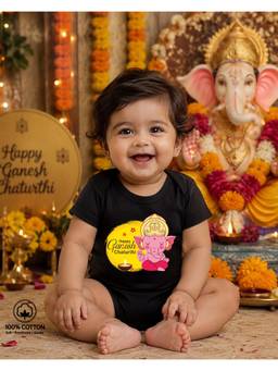 BLUSHES - Black Knit Happy Ganesh Chaturthi Printed Bodysuit