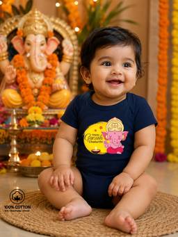 BLUSHES - Navy Blue Knit Happy Ganesh Chaturthi Printed Bodysuit