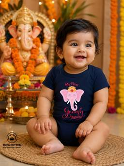 BLUSHES - Navy Blue Knit My First Ganesh Chaturthi Typography Printed Bodysuit