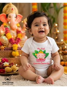 BLUSHES - White Knit My First Ganesh Chaturthi Printed Bodysuit