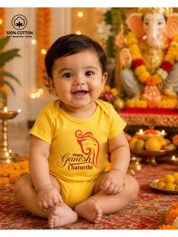BLUSHES - Yellow Knit Happy Ganesh Chaturthi Typography Printed Bodysuit