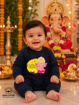 BLUSHES - Navy Blue Knit Happy Ganesh Chaturthi Printed Romper