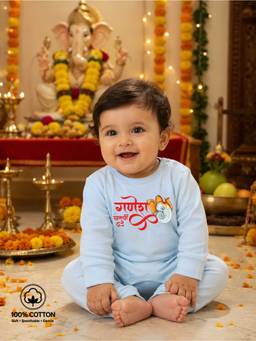 BLUSHES - Blue Knit Ganesh Chaturthi Typography Printed Romper