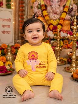 BLUSHES - Yellow Knit My First Ganesh Chaturthi Typography Printed Romper