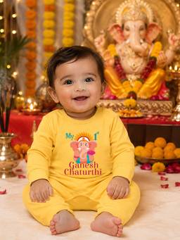 BLUSHES - Yellow Knit My First Ganesh Chaturthi Printed Romper