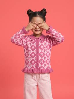 Nautinati - Girls Relaxed Fit Peter Pan Collar Bow Argyle Knit Cardigan