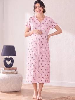 Secret Wish - Pink Printed Hosiery Zipless Maternity Nighty