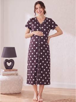Secret Wish - Burgundy Polka Dots Hosiery Zipless Maternity Nighty