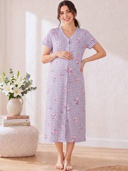 Secret Wish - Lavender Gingham Print Hosiery Zipless Maternity Nighty