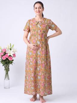 Secret Wish - Mustard Floral Cotton Zipless Maternity Nighty