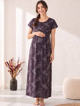 Secret Wish - Mauve Purple Floral Cotton Maternity Nighty