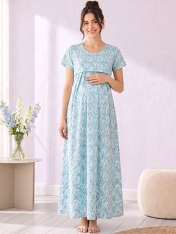 Secret Wish - Blue Floral Cotton Maternity Nighty