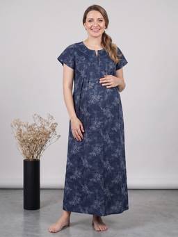 Secret Wish - Navy Blue Floral Cotton Maternity Nighty