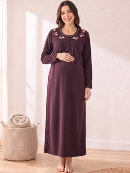 Secret Wish - Wine Solid Fleece Winter Maternity Nighty