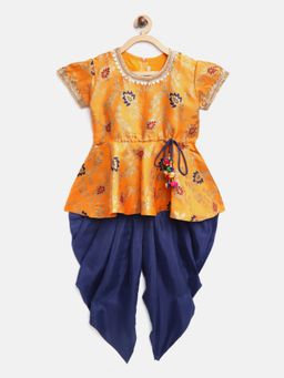 BownBee - Jacquard Half Sleeve Peplum with Dhoti- Orange (Set of 2)