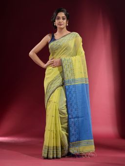 CHARUKRITI - Lime Green with Geometric Motif and Pattern Saree with Unstitched Blouse