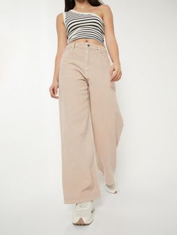max - Beige Solid/Plain Regular Jeans