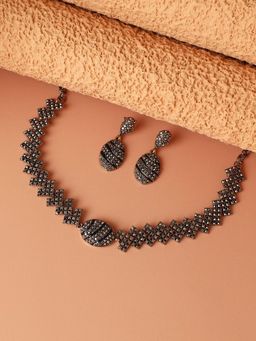 Sohi - Women Oval Crystal Jewellery Set Dark Silver