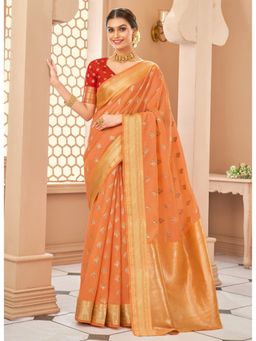 Sangam Prints - Orange Zari Work Traditional Saree with Unstitched Blouse