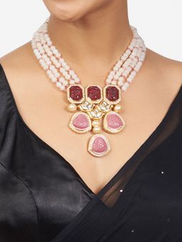 Joules By Radhika - Multi-Strand Red, Pink and Off White Kundan Polki Necklace