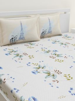 Home Affairs - Blue Floral 144 Tc Bedsheet with 2 Pillow Covers