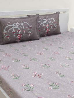 Home Affairs - Grey Floral 144 Tc Bedsheet with 2 Pillow Covers