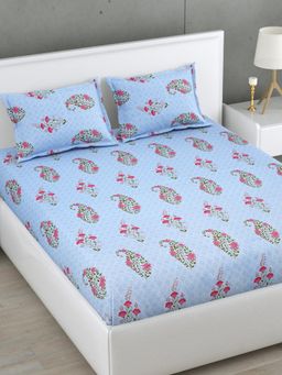 Home Affairs - Blue Floral 300 Tc Bedsheet with 2 Pillow Covers