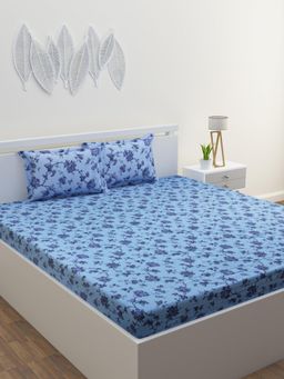 Home Affairs - 300 Tc Blue Floral Bedsheet with 2 Pillow Covers