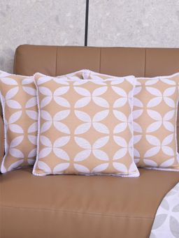 Saral Home - Beige Dhadki Floral Cotton Cushion Covers (Pack Of 3)