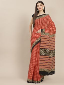 Yufta - Women Red Block Print Saree with Unstitched Blouse