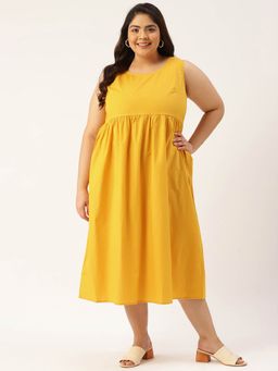 theRebelinme - Womens Mustard Solid Color A-line Midi Dress