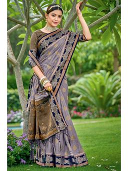 Sangam Prints - Grey Silk Silver Zari Work Traditional Tassel Saree with Unstitched Blouse