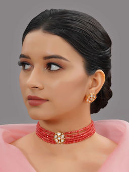 Designbox - Handmade Red Choker Necklace with Peach Beads