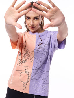 Bewakoof - Air 1.0 Women's Orange & Purple Naruto Color Block Oversized T-shirt