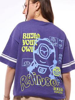 Bewakoof - Air 1.0 Women's Skipper Blue Rainbow Minion Graphic Printed Oversized T-shirt
