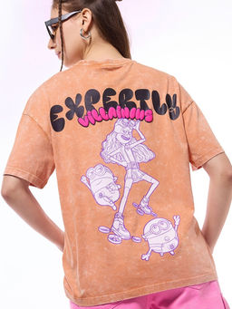 Bewakoof - Official Minions Women's Orange Not Your Hero Graphic Printed Oversized Acid Wash T-shirt