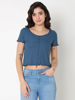 Spykar - Blue Slim Half Sleeve Crop Top For Women