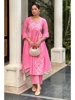 Aadveka - Pink Jaipuri Printed Cotton Anarkali Kurta Suit with Pant and Dupatta (Set of 3)