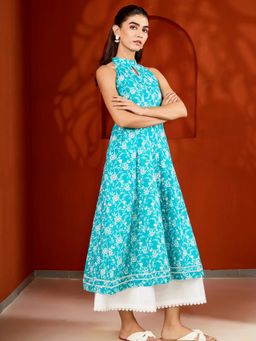 Aadveka - Blue Halter Neck Jaipuri Printed Relaxed Fit Kurta & Palazzo (Set of 2)