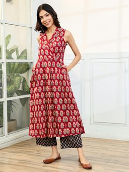 Aadveka - Maroon Naturally Dyed Ajrakh Cotton Kurta & Palazzo (Set of 2)