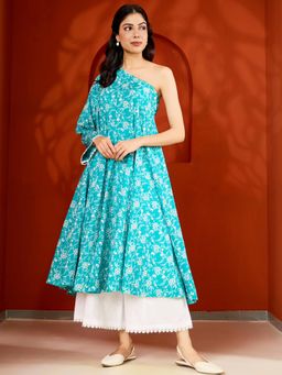 Aadveka - Blue One Shoulder Jaipuri Printed Flared Kurta & Palazzo (Set of 2)