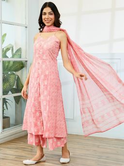 Aadveka - Baby Pink Jaipuri Printed Cotton Suit Kurta with Palazzo and Dupatta (Set of 3)